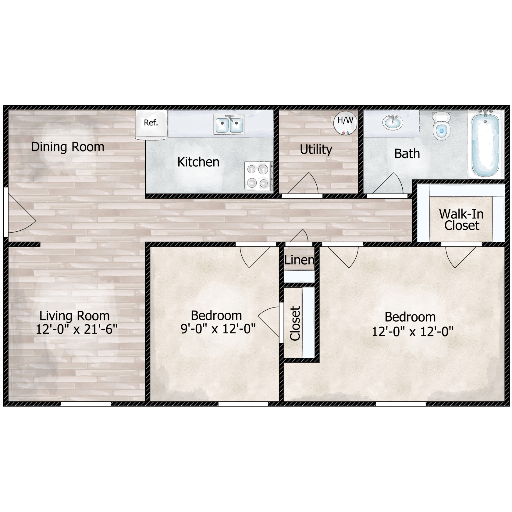Floor plan for 2 beds, 1 bath, 855 sqft